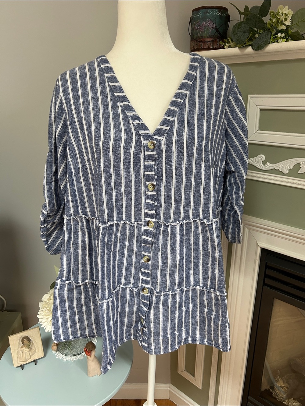 Blue and White Stripe V-Neck Button-Front Tunic